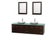 Wyndham Collection Centra 80 inch Double Bathroom Vanity in Espresso Green Glass Countertop Arista White Carrera Marble Sinks and 24 inch Mirrors