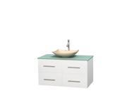 Wyndham Collection Centra 42 inch Single Bathroom Vanity in Matte White Green Glass Countertop Arista Ivory Marble Sink and No Mirror