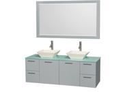 Wyndham Collection Amare 60 inch Double Bathroom Vanity in Dove Gray Green Glass Countertop Pyra Bone Porcelain Sinks and 58 inch Mirror