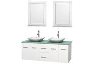 Wyndham Collection Centra 60 inch Double Bathroom Vanity in Matte White Green Glass Countertop Arista White Carrera Marble Sinks and 24 inch Mirrors
