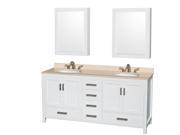 Wyndham Collection Sheffield 72 inch Double Bathroom Vanity in White Ivory Marble Countertop Undermount Oval Sinks and Medicine Cabinets