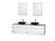 Wyndham Collection Centra 80 inch Double Bathroom Vanity in Matte White Green Glass Countertop Arista Black Granite Sinks and 24 inch Mirrors