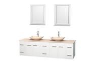 Wyndham Collection Centra 80 inch Double Bathroom Vanity in Matte White Ivory Marble Countertop Arista Ivory Marble Sinks and 24 inch Mirrors