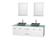 Wyndham Collection Centra 72 inch Double Bathroom Vanity in Matte White Green Glass Countertop Altair Black Granite Sinks and 24 inch Mirrors