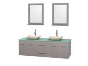 Wyndham Collection Centra 72 inch Double Bathroom Vanity in Gray Oak Green Glass Countertop Avalon Ivory Marble Sinks and 24 inch Mirrors