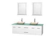 Wyndham Collection Centra 72 inch Double Bathroom Vanity in Matte White Green Glass Countertop Avalon Ivory Marble Sinks and 24 inch Mirrors