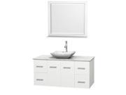 Wyndham Collection Centra 48 inch Single Bathroom Vanity in Matte White White Carrera Marble Countertop Avalon White Carrera Marble Sink and 36 inch Mirro