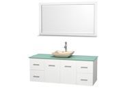 Wyndham Collection Centra 60 inch Single Bathroom Vanity in Matte White Green Glass Countertop Avalon Ivory Marble Sink and 58 inch Mirror