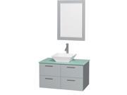 Wyndham Collection Amare 36 inch Single Bathroom Vanity in Dove Gray Green Glass Countertop Pyra White Porcelain Sink and 24 inch Mirror