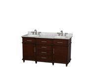 Wyndham Collection Berkeley 60 inch Double Bathroom Vanity in Dark Chestnut with White Carrera Marble Top with White Undermount Oval Sinks and No Mirror