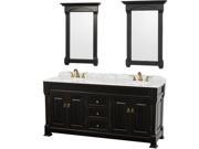 Wyndham Collection Andover 72 inch Double Bathroom Vanity in Black White Carrera Marble Countertop Undermount Oval Sinks and 28 inch Mirrors
