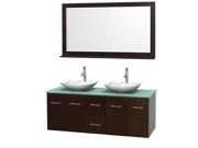 Wyndham Collection Centra 60 inch Double Bathroom Vanity in Espresso Green Glass Countertop Arista White Carrera Marble Sinks and 58 inch Mirror