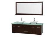 Wyndham Collection Centra 72 inch Double Bathroom Vanity in Espresso Green Glass Countertop Pyra White Porcelain Sinks and 70 inch Mirror