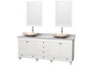 Wyndham Collection Acclaim 80 inch Double Bathroom Vanity in White White Carrera Marble Countertop Arista Ivory Marble Sinks and 24 inch Mirrors