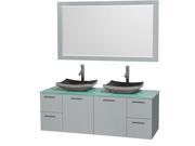 Wyndham Collection Amare 60 inch Double Bathroom Vanity in Dove Gray Green Glass Countertop Altair Black Granite Sinks and 58 inch Mirror