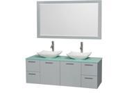 Wyndham Collection Amare 60 inch Double Bathroom Vanity in Dove Gray Green Glass Countertop Arista White Carrera Marble Sinks and 58 inch Mirror