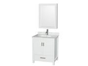 Wyndham Collection Sheffield 30 inch Single Bathroom Vanity in White White Carrera Marble Countertop Undermount Square Sink and Medicine Cabinet