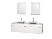 Wyndham Collection Centra 80 inch Double Bathroom Vanity in Matte White White Man Made Stone Countertop Avalon White Carrera Marble Sinks and 24 inch Mirr