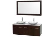 Wyndham Collection Centra 60 inch Double Bathroom Vanity in Espresso White Man Made Stone Countertop Arista White Carrera Marble Sinks and 58 inch Mirror