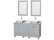 Wyndham Collection Acclaim 60 inch Double Bathroom Vanity in Oyster Gray White Carrera Marble Countertop Pyra White Porcelain Sinks and 24 inch Mirrors