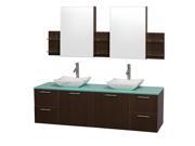 Wyndham Collection Amare 72 inch Double Bathroom Vanity in Espresso with Green Glass Top with Carrera Marble Sinks and Medicine Cabinets
