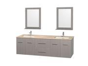 Wyndham Collection Centra 72 inch Double Bathroom Vanity in Gray Oak Ivory Marble Countertop Undermount Square Sink and 24 inch Mirrors