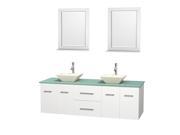 Wyndham Collection Centra 72 inch Double Bathroom Vanity in Matte White Green Glass Countertop Pyra Bone Porcelain Sinks and 24 inch Mirrors