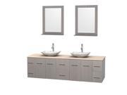 Wyndham Collection Centra 80 inch Double Bathroom Vanity in Gray Oak Ivory Marble Countertop Arista White Carrera Marble Sinks and 24 inch Mirrors