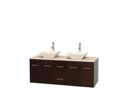 Wyndham Collection Centra 60 inch Double Bathroom Vanity in Espresso Ivory Marble Countertop Pyra Bone Porcelain Sinks and No Mirror