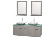 Wyndham Collection Centra 60 inch Double Bathroom Vanity in Gray Oak Green Glass Countertop Avalon White Carrera Marble Sinks and 24 inch Mirrors