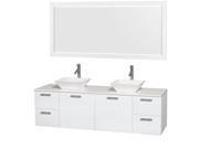 Wyndham Collection Amare 72 inch Double Bathroom Vanity in Glossy White White Man Made Stone Countertop Pyra White Sinks and 70 inch Mirror