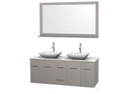 Wyndham Collection Centra 60 inch Double Bathroom Vanity in Gray Oak White Carrera Marble Countertop Avalon White Carrera Marble Sinks and 58 inch Mirror