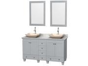 Wyndham Collection Acclaim 60 inch Double Bathroom Vanity in Oyster Gray White Carrera Marble Countertop Avalon Ivory Marble Sinks and 24 inch Mirrors