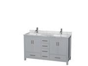 Wyndham Collection Sheffield 60 inch Double Bathroom Vanity in Gray White Carrera Marble Countertop Undermount Square Sinks and No Mirror
