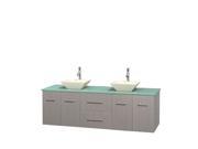 Wyndham Collection Centra 72 inch Double Bathroom Vanity in Gray Oak Green Glass Countertop Pyra Bone Porcelain Sinks and No Mirror