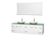 Wyndham Collection Centra 80 inch Double Bathroom Vanity in Matte White Green Glass Countertop Arista Ivory Marble Sinks and 70 inch Mirror