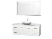 Wyndham Collection Centra 60 inch Single Bathroom Vanity in Matte White White Man Made Stone Countertop Avalon White Carrera Marble Sink and 58 inch Mirro