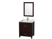 Wyndham Collection Sheffield 30 inch Single Bathroom Vanity in Espresso White Carrera Marble Countertop Undermount Square Sink and 24 inch Mirror