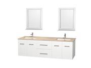Wyndham Collection Centra 72 inch Double Bathroom Vanity in Matte White Ivory Marble Countertop Undermount Square Sink and 24 inch Mirrors