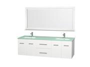 Wyndham Collection Centra 72 inch Double Bathroom Vanity in Matte White Green Glass Countertop Square Porcelain Undermount Sinks and 70 inch Mirror