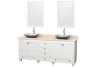 Wyndham Collection Acclaim 80 inch Double Bathroom Vanity in White Ivory Marble Countertop Avalon White Carrera Marble Sinks and 24 inch Mirrors