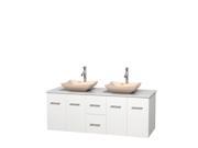Wyndham Collection Centra 60 inch Double Bathroom Vanity in Matte White White Man Made Stone Countertop Avalon Ivory Marble Sinks and No Mirror