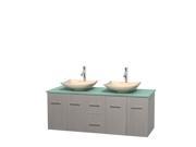 Wyndham Collection Centra 60 inch Double Bathroom Vanity in Gray Oak Green Glass Countertop Arista Ivory Marble Sinks and No Mirror