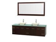 Wyndham Collection Centra 80 inch Double Bathroom Vanity in Espresso Green Glass Countertop Pyra Bone Porcelain Sinks and 70 inch Mirror