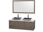 Wyndham Collection Amare 60 inch Double Bathroom Vanity in Gray Oak with White Man Made Stone Top with Black Granite Sinks and 58 inch Mirror