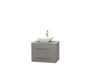 Wyndham Collection Centra 30 inch Single Bathroom Vanity in Gray Oak Green Glass Countertop Pyra Bone Porcelain Sink and No Mirror