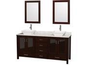 Wyndham Collection Lucy 72 inch Double Bathroom Vanity in Espresso White Carrera Marble Countertop Pyra White Porcelain Sinks and 24 inch Mirrors