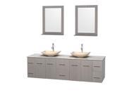 Wyndham Collection Centra 80 inch Double Bathroom Vanity in Gray Oak White Carrera Marble Countertop Arista Ivory Marble Sinks and 24 inch Mirrors