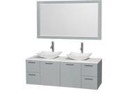 Wyndham Collection Amare 60 inch Double Bathroom Vanity in Dove Gray White Man Made Stone Countertop Arista White Carrera Marble Sinks and 58 inch Mirror