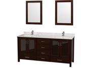Wyndham Collection Lucy 72 inch Double Bathroom Vanity in Espresso White Carrera Marble Countertop White Undermount Sinks and 24 inch Mirrors